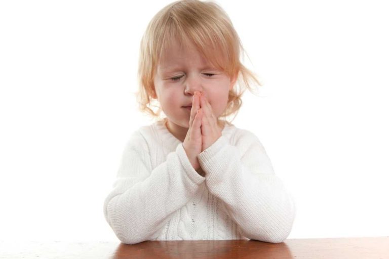 toddler praying before a meal